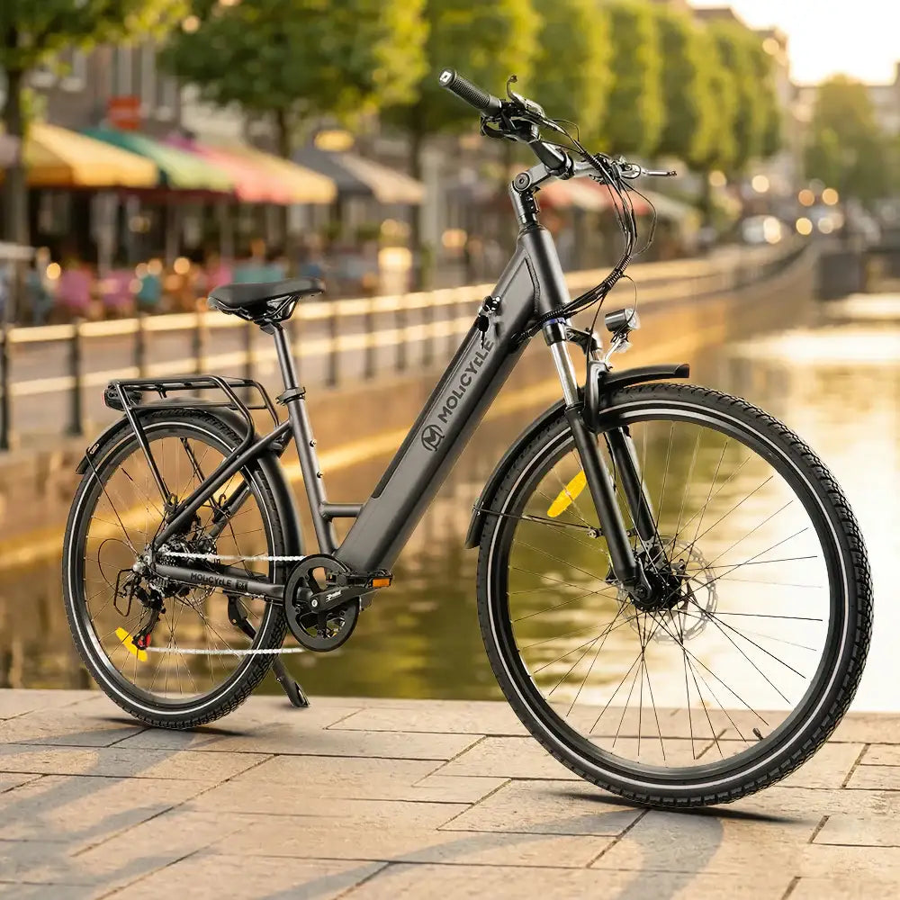 Step-through electric bike with rear rack and city tires by a riverside walkway