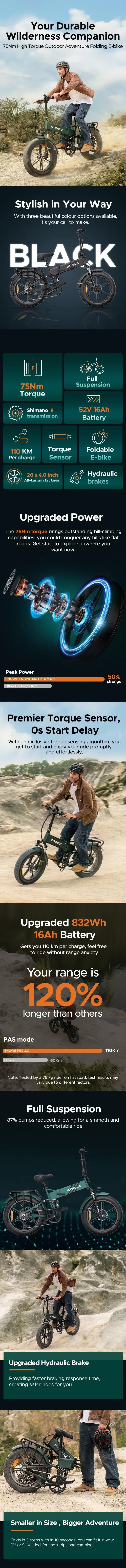 Engwe Engine Pro 2.0 750W 20" Fat Bike 832Wh Vélo Électrique Tout-Terrain Pliable avec Capteur de Couple Batterie 52V 16Ah - Buybestgear