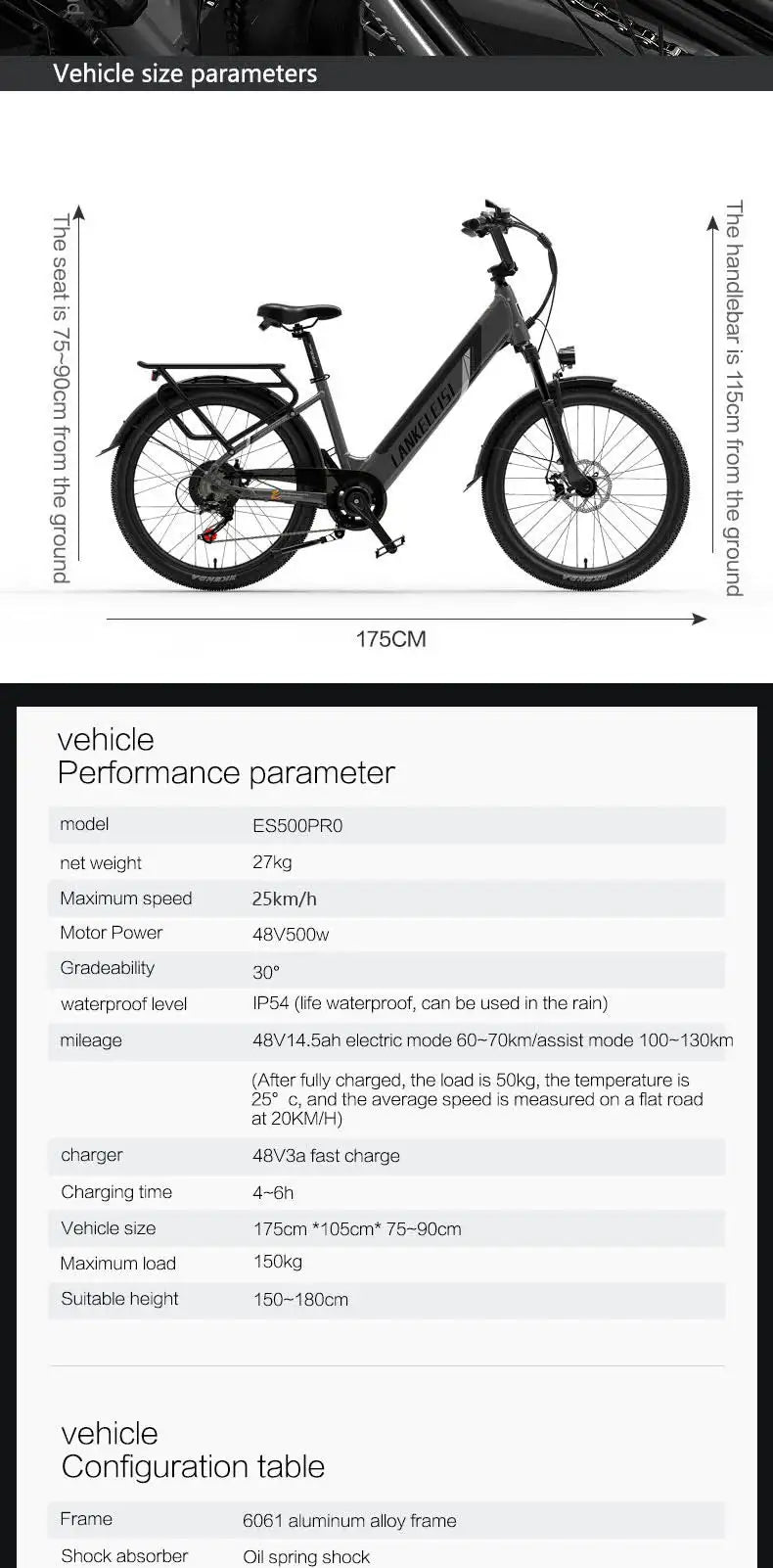 Lankeleisi ES500 Pro 500W 24" Electric Trekking Bike 696Wh City E-bike 48V 14.5Ah Battery - Buybestgear